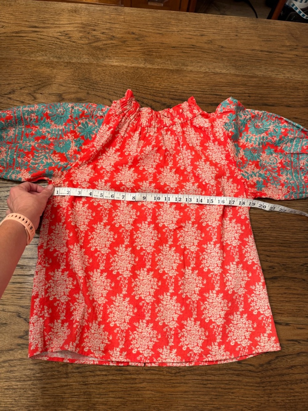 THML Embroidered Puff Sleeve Blouse Medium Coral Turquoise Boho Cotton - Picture 11 of 12